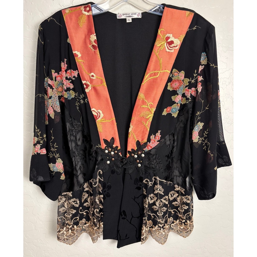 Spencer Alexis Floral Silk Blend Lace Kimono Jacket Black Orange PL 2484